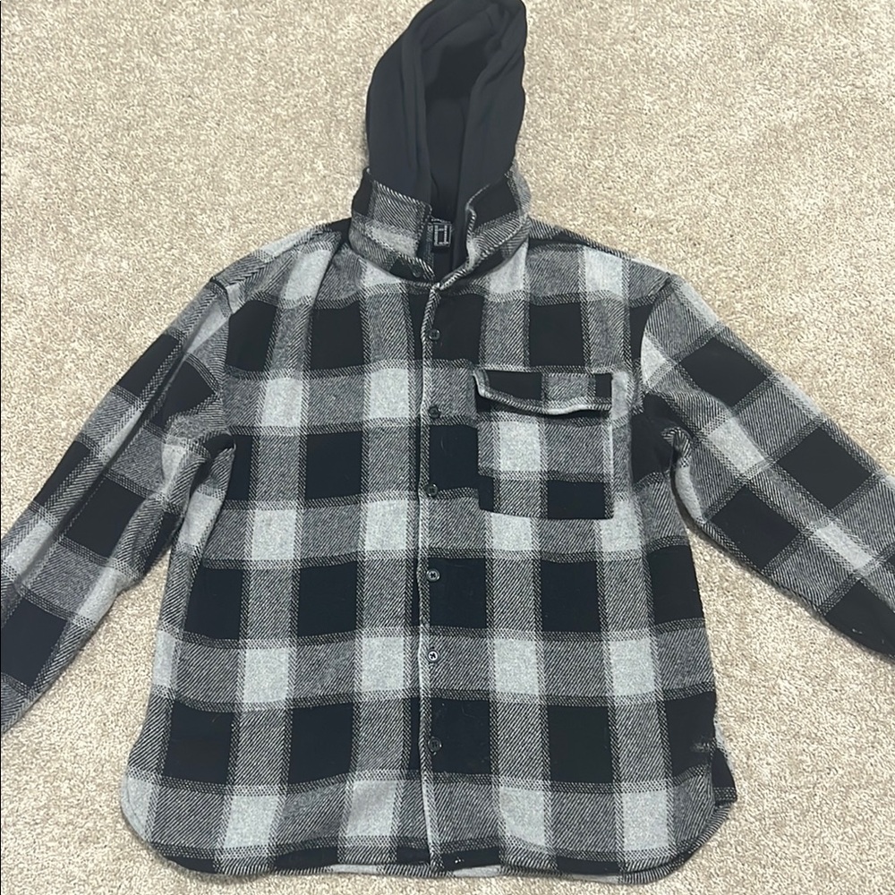 Men’s Black and Gray Plaid Shirt/Jacket with Hood